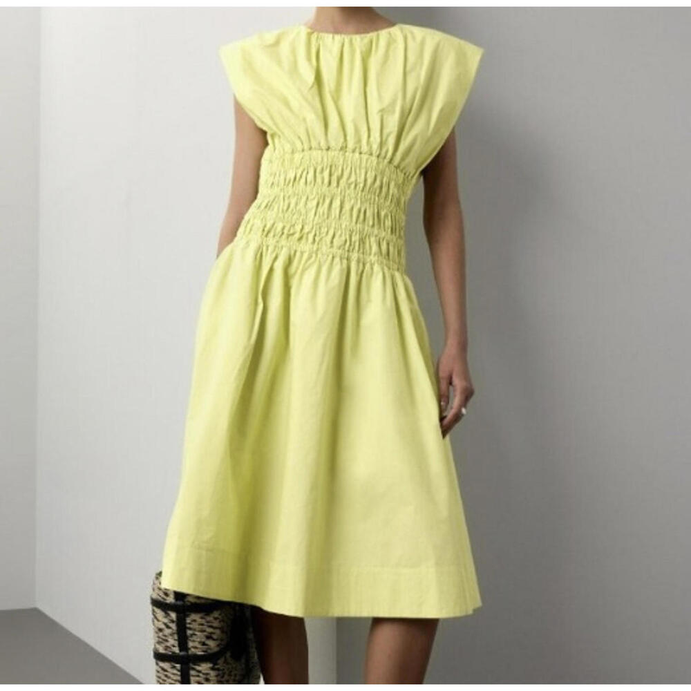 EUDON CHOI yellow green shirred waist blouson dress sz M